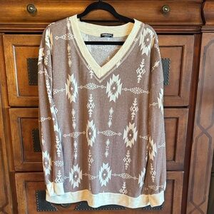 HEIMISH USA Brown and Cream V-Neck Sweater
